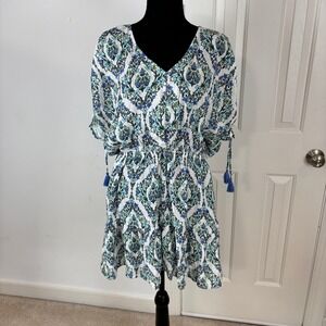 LA BLANCA Deja Blue Resort Wear Floral Print V Neck Cover Up Dress Size L NEW